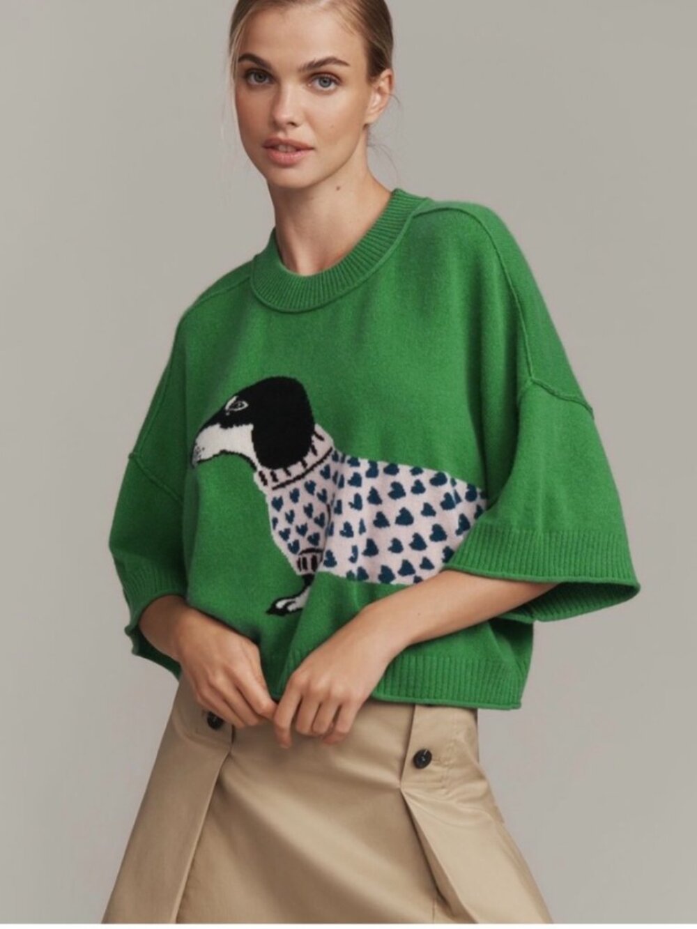 Anthropologie Goldie Cashmere Dachshund Sweater XL Green Intarsia Knit - Picture 2 of 8